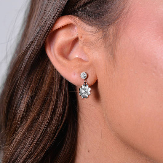 BOUCLES D'OREILLES POUR FEMMES EN ACIER, TRÈFLE À QUATRE FEUILLES ET ZIRCON CUBIQUE