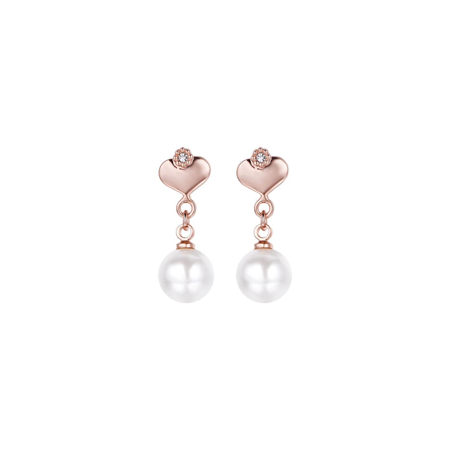 BOUCLES D'OREILLES EN MÉTAL ROSE AVEC PERLES SYNTHÉTIQUES BLANCHES ET CŒURS AVEC CRISTAUX