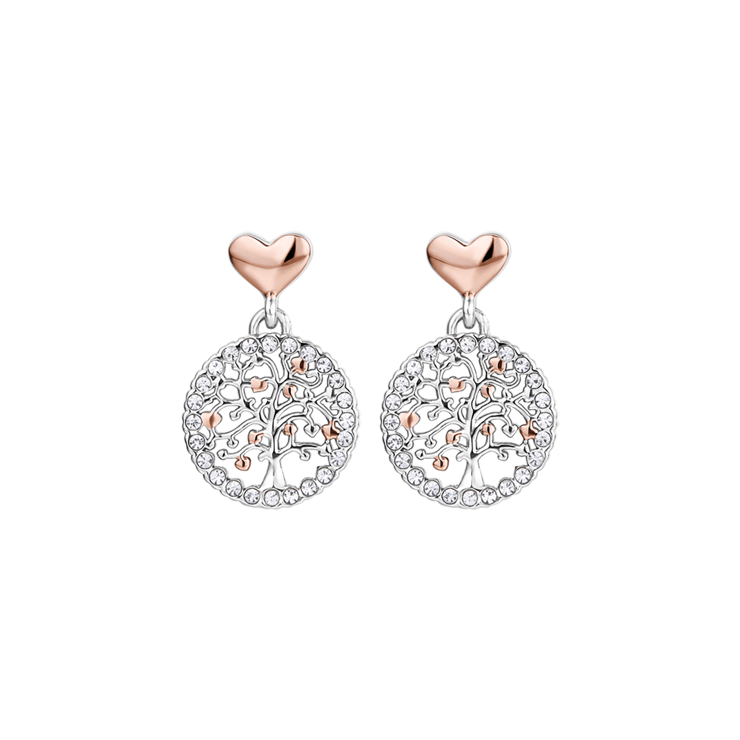 BOUCLES D'OREILLES ARBRE DE VIE POUR FEMME EN ACIER AVEC CRISTAUX BLANCS ET CŒURS IP RO