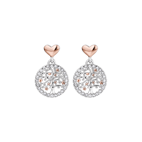 BOUCLES D'OREILLES ARBRE DE VIE POUR FEMME EN ACIER AVEC CRISTAUX BLANCS ET CŒURS IP RO